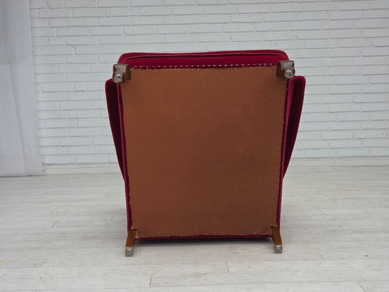 Image 1 of 1960s, Danish highback wingback armchair, cherry-red furniture velour.
