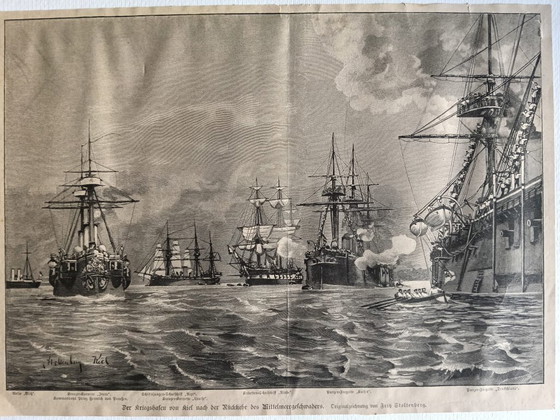 Image 1 of Grabado antiguo - Puerto de Kiel (ca. 1890) con marco