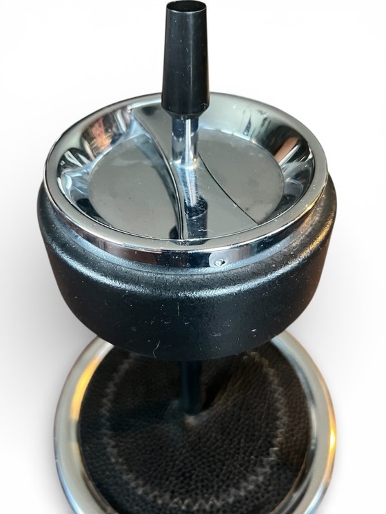 Image 1 of Vintage standing ashtray on wheels – Mid-Century, Space Age ashtray, black metal, 1970s