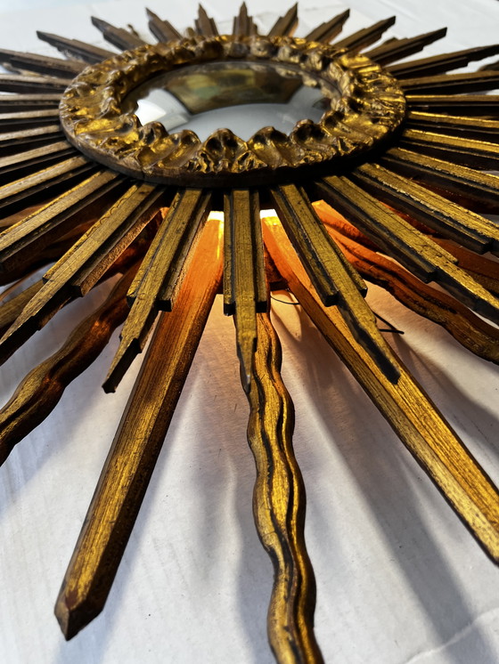 Image 1 of Espejo de sol de madera de doble cara con espejo convexo y lámpara, años 60. Montado en la pared.