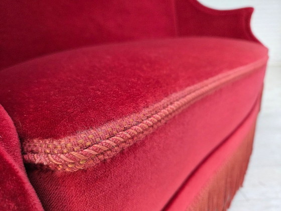1970s, Danish 2-Seater Sofa, Red Furniture Velour, Ash Wood Legs. – 2 seaters, Velvet (photo 16 of 20)