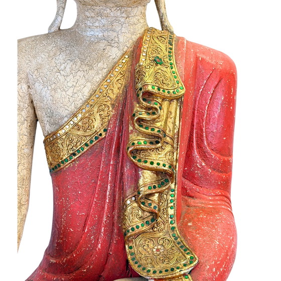 Grote Birmaanse Mandalay Boeddha met Gouden Decoratie – circa 1970 – 87 cm – Beeldhouwkunst, Glass (photo 3 of 11)