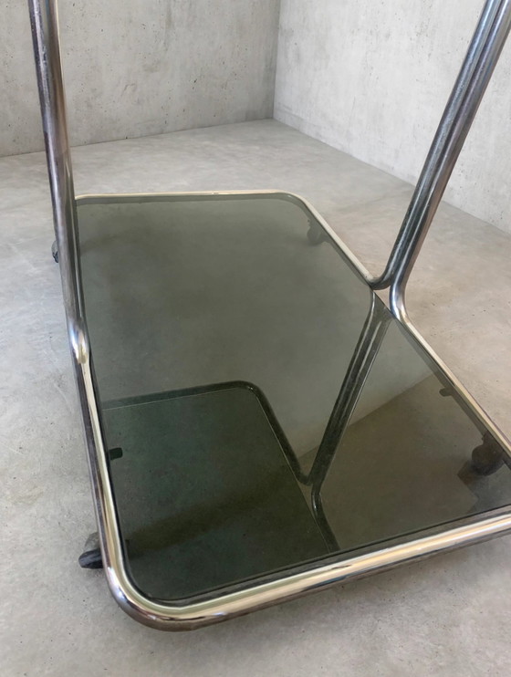 Vintage Side Table Trolley With Smoked Glass and Chrome on Wheels, 1970s - Space Age – Bar carts, Metal (photo 5 of 9)