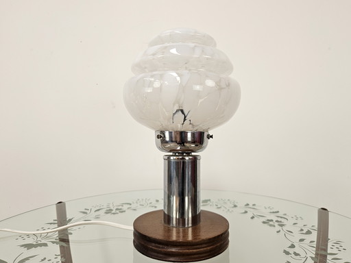Table lamp in wood, metal and worked glass