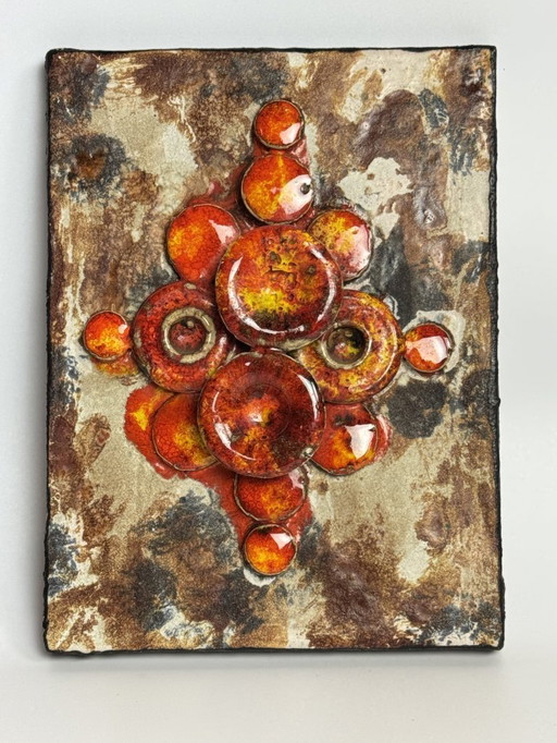 Mid-Century Design Ruscha Wall Tile Handpainted with High gloss orange tones combined with Matte Earth tones enamel. Germany,60s