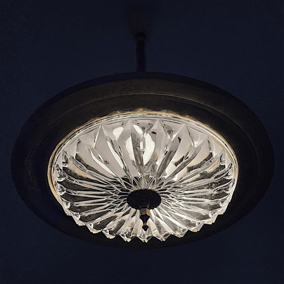 Mid Century Modern Retractable Metal And Pressed Glass Pull Down Pendant Lamp, 1960s-70s (photo 6 of 15)