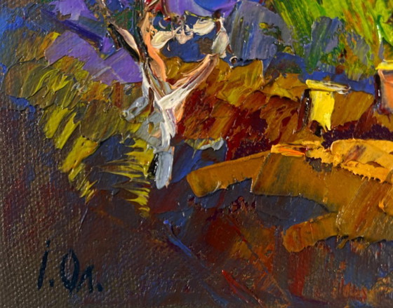 Image 1 of Original Oil Painting Colorful Village Landscape Evening ray over spring fields