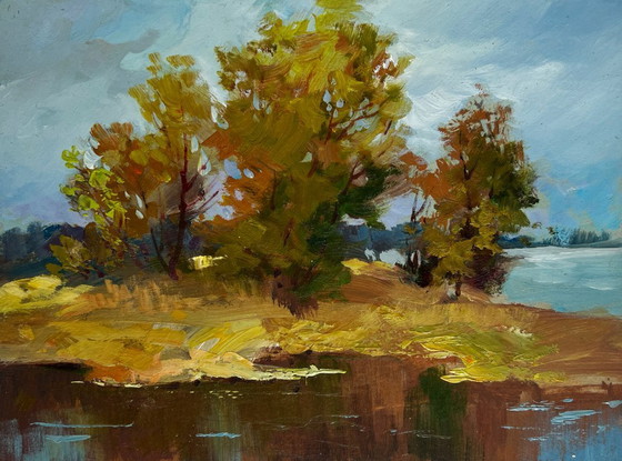 Image 1 of Origineel olieverfschilderij: Herfstboslandschap, herfstmelancholie