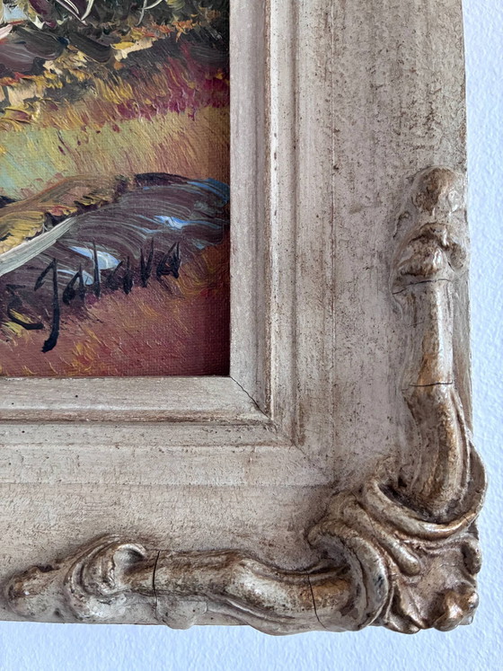 Image 1 of Peinture à l'huile originale vintage représentant un paysage de montagne et de rivière, encadrée