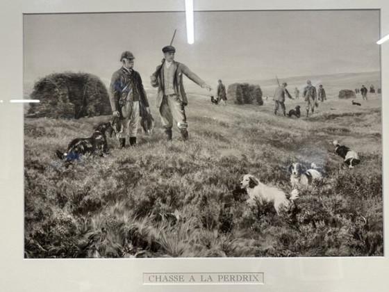 Estampe "Chasse a la perdix" – Objets d'art, Verre, Papier (photo 2 of 5)