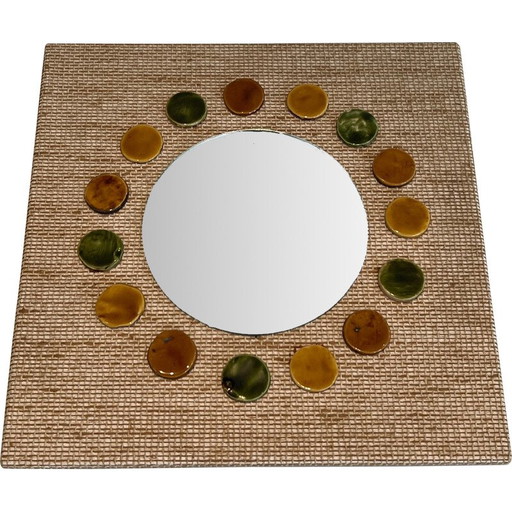 Vintage mirror in raffia and ceramics, France 1950