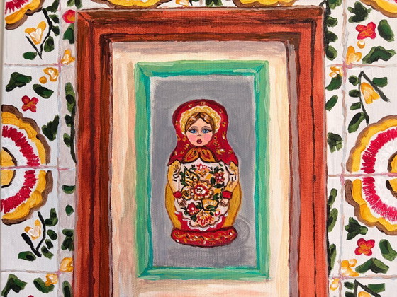 Image 1 of Uniek Handgeschilderd Matroesjka Doll Schilderij - 40x50 cm