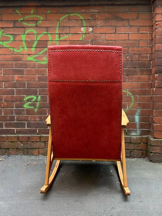 Sedia a dondolo vintage | Faggio e pelle nabuk rossa – Sedie a dondolo, Wood, Leather (photo 5 of 6)