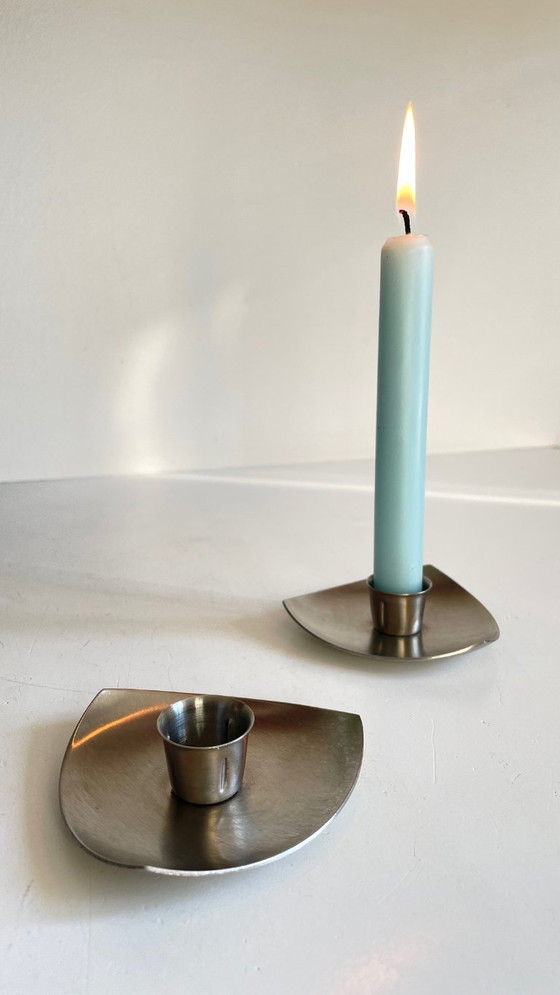 Image 1 of Vintage brushed metal geometric candlesticks