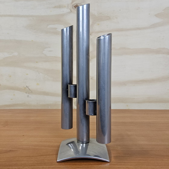Image 1 of Vase/bougie moderniste en acier inoxydable, style vintage/ère spatiale, design italien (années 70), pour fleurs séchées.