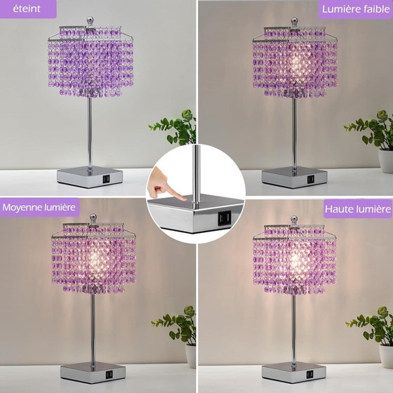 Paarse Touch Kristallen Lamp, 2 USB Poorten, Lamp Inbegrepen, Tafellampen, Modern (foto 4 van 7)