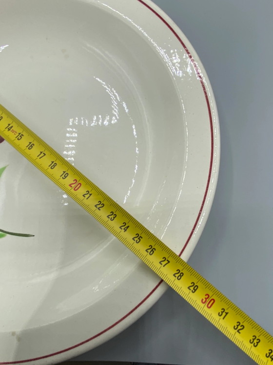 Deep Dish French Faience – Burgundy Flower on Green Stem Decor – Decorative Objects (photo 4 of 4)