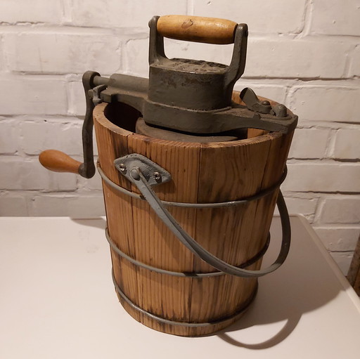 Antique Husqvarna butter barrel with cast iron mill