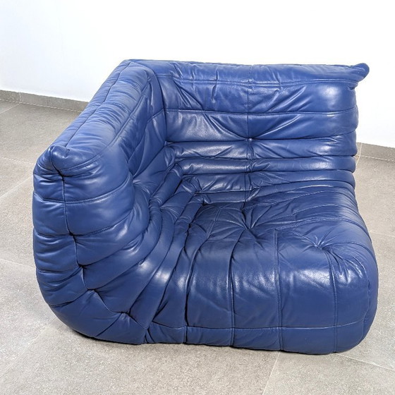 Image 1 of Michel Ducaroy Ligne Roset Ecksofa aus blauem Togo-Leder, Frankreich, 1980er Jahre