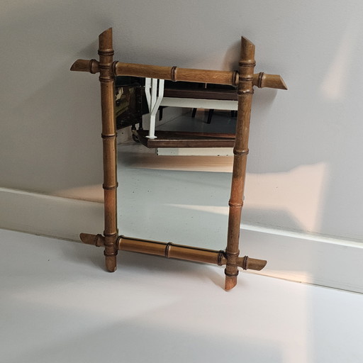 Vintage Rectangular Wooden "Faux Bamboo" Mirror. Weathered Mirror Plate With Wooden Frame.