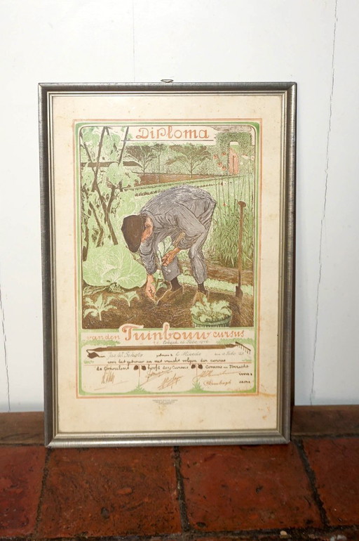 framed diploma tuinbouw cursus 1946 * dutch certificate wall art * garden training diploma * vintage print * farmhouse decor