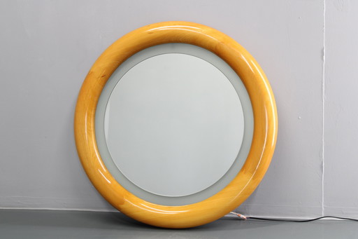 Miroir rond italien des années 1970 dans un cadre en bois avec lumière