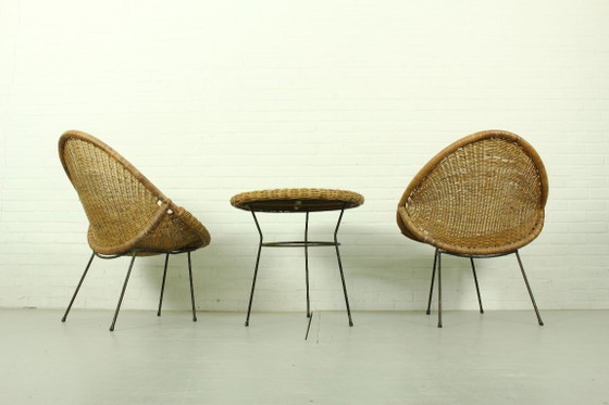 Image 1 of 1950s Italian Rattan Basket Chairs & Matching Bistro Table Set