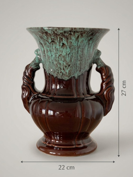 Large brown and turquoise enameled ceramic vase – ADP, Varages France - 27 cm (photo 10 of 10)
