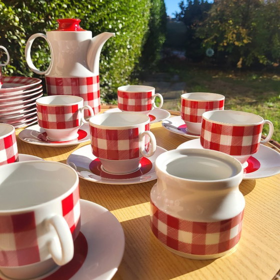 Vichy red and white checkered coffee/tea set, 1960-70, KRONESTER BAVARIA, Crockery, Porcelain, Vintage (photo 7 of 15)