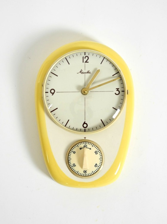 Image 1 of Beautiful battery-operated Mid-Century Modern wall clock by Mauthe with a glazed ceramic case