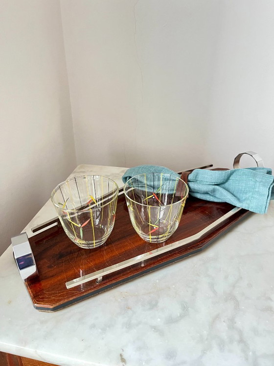 Image 1 of Plateau de service Art déco en bois et chrome – Design géométrique, vintage années 1930