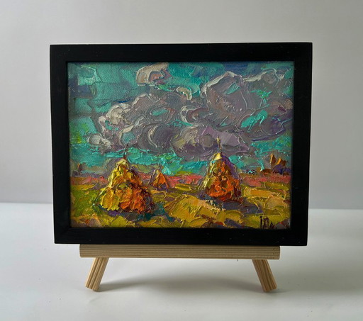 Original Oil Painting Summer Field Landscape Cloudy Horizon – schilderijen tekeningen, Canvas