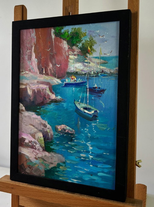 Original Oil Painting Sea Coastal Landscape Boats On The Rocky Shore