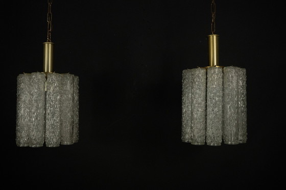 Image 1 of Pair of Murano Glass and Brass Chandeliers in the Style of Toni Zuccheri, Italy 1970s