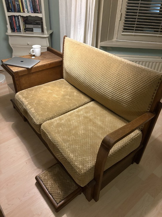 Loveseat with integrated side table and footstool, yellow, Wood, Textile, Vintage (photo 5 of 5)