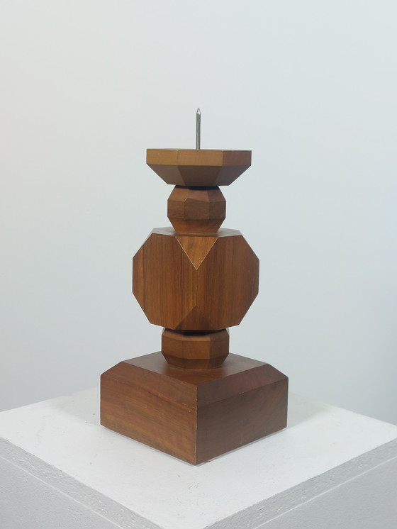 Image 1 of Vintage mid-century geometric wooden candlesticks