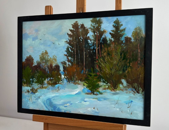 Image 1 of Original Oil Painting Snowy Trees Landscape Path in the winter forest