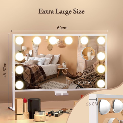 Miroir Maquillage Hollywood Lumineux réglable en Hauteur - BESTOPE Pro Miroir LED Coiffeuse 60x35cm Miroir Hollywood avec Organi