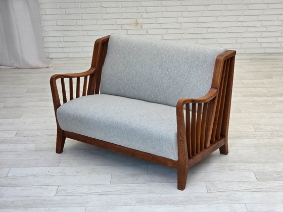 Image 1 of 1950s, Scandinavian 2-seater sofa, reupholstered, furniture wool, oak.
