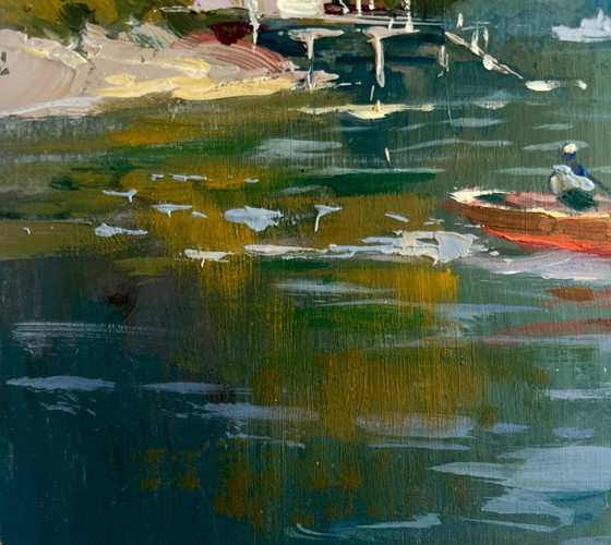 Image 1 of Original Oil Painting Summer River Landscape At the summer yacht club