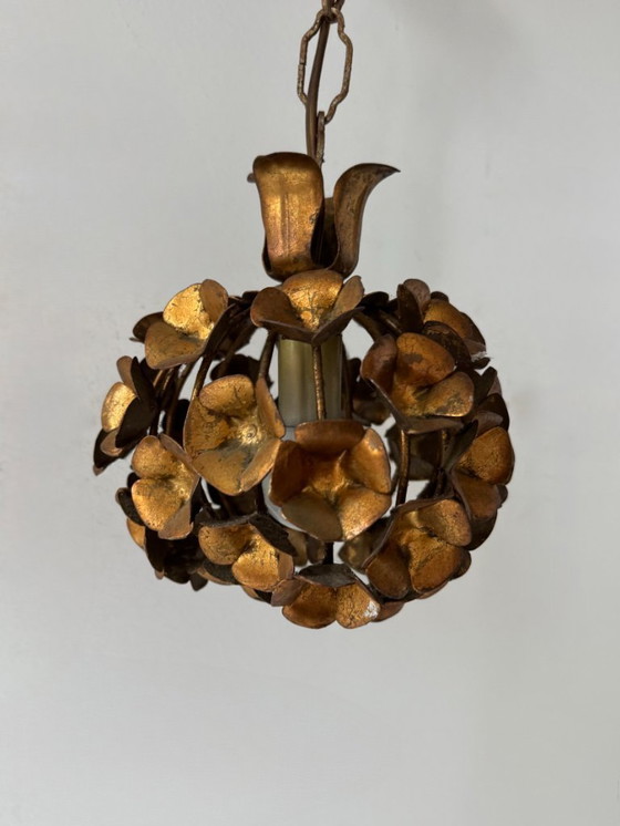 Image 1 of Vintage floral motif pendant light, gilt metal, France, 1970