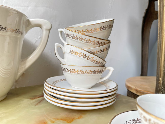 Image 1 of Set da tè/caffè vintage in porcellana bianca con motivo Madrid Moulin des Loups dorato