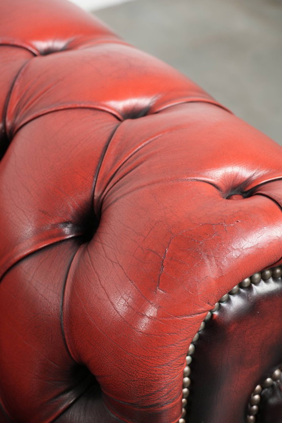 Image 1 of Englisches Chesterfield-Sofa, 2,5-/3-Sitzer, aus Rindsleder in luxuriösem Rot