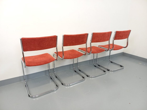 Image 1 of Suite of 4 vintage cantilever chairs in chromed metal and fabric from the 70s