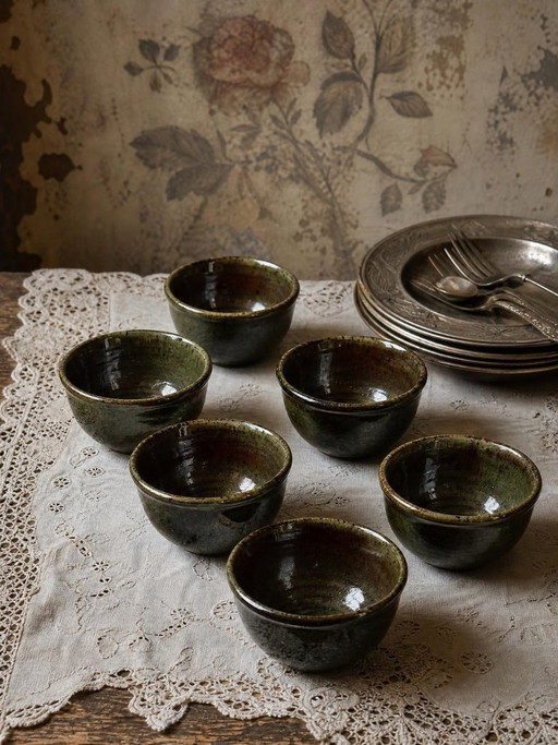 6 handcrafted stoneware bowls glazed with ash, signed Tournay, vintage 1970-1990