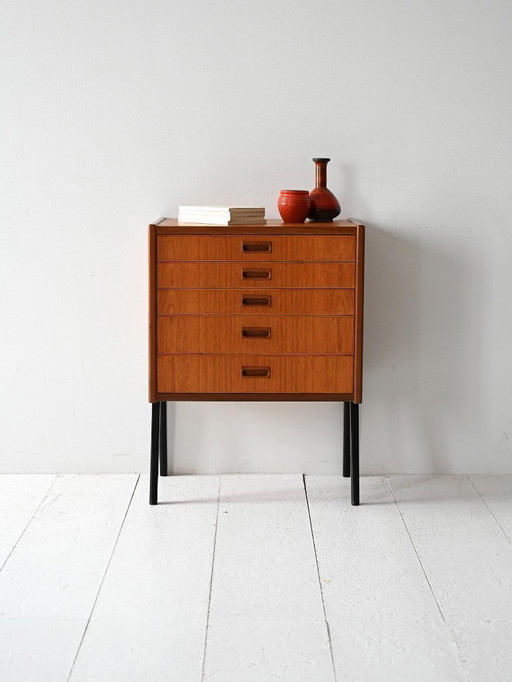 Vintage Scandinavian Bedside Cabinet with Five Drawers and Black Legs