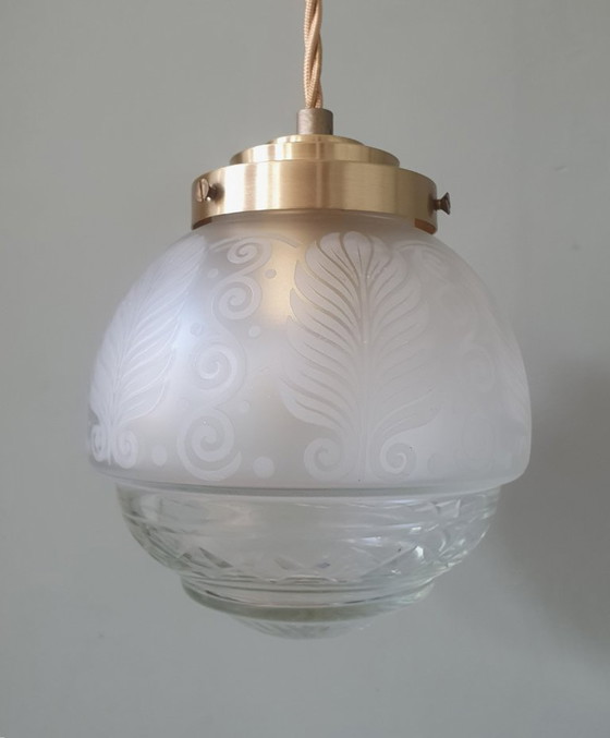 Vintage Bollamp / Hanglamp - Geslepen Glas (Ge-etst) Met Frosted Decoratie – Hanglampen, Metal (photo 8 of 15)
