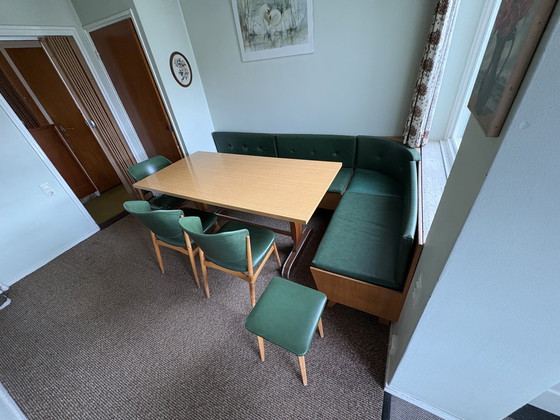 Image 1 of Retro vintage duitse hoekbank met kaarttafel, stoelen en krukjes