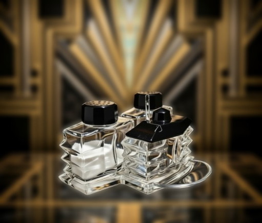 (W002) Vintage Art Deco Bohemian Crystal Glass Menage Set – Black Glass Accents 1930s