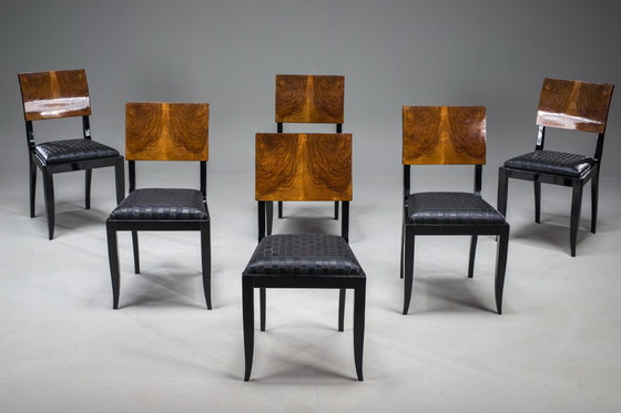 Image 1 of Art Deco French Walnut & Burl Dining Set, 1930s, Set of 7